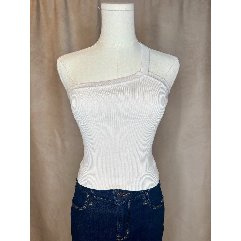 Lucca Ribbed One Shoulder Knit Tank Top XS Cream Stretch Y2K